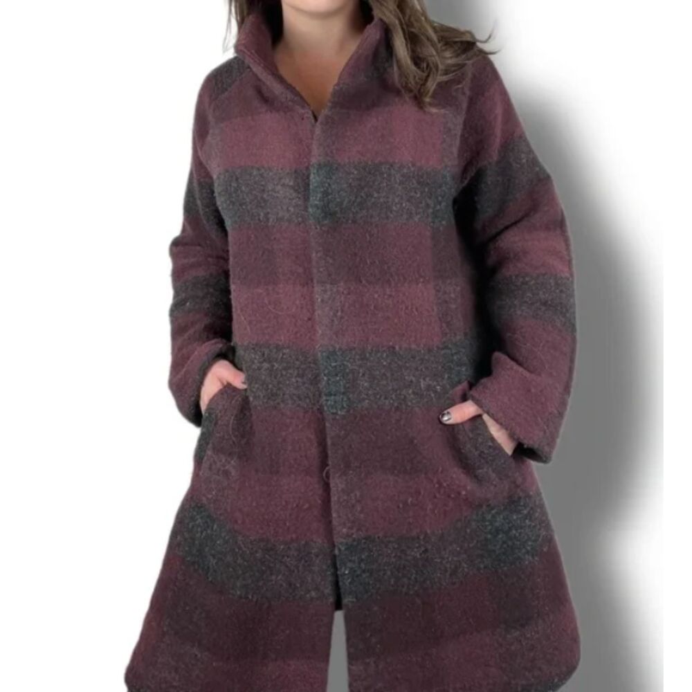 Kenar Buffalo Plaid Wine Grey Oversized Wool Snap Button Clueless Coat Sweater M